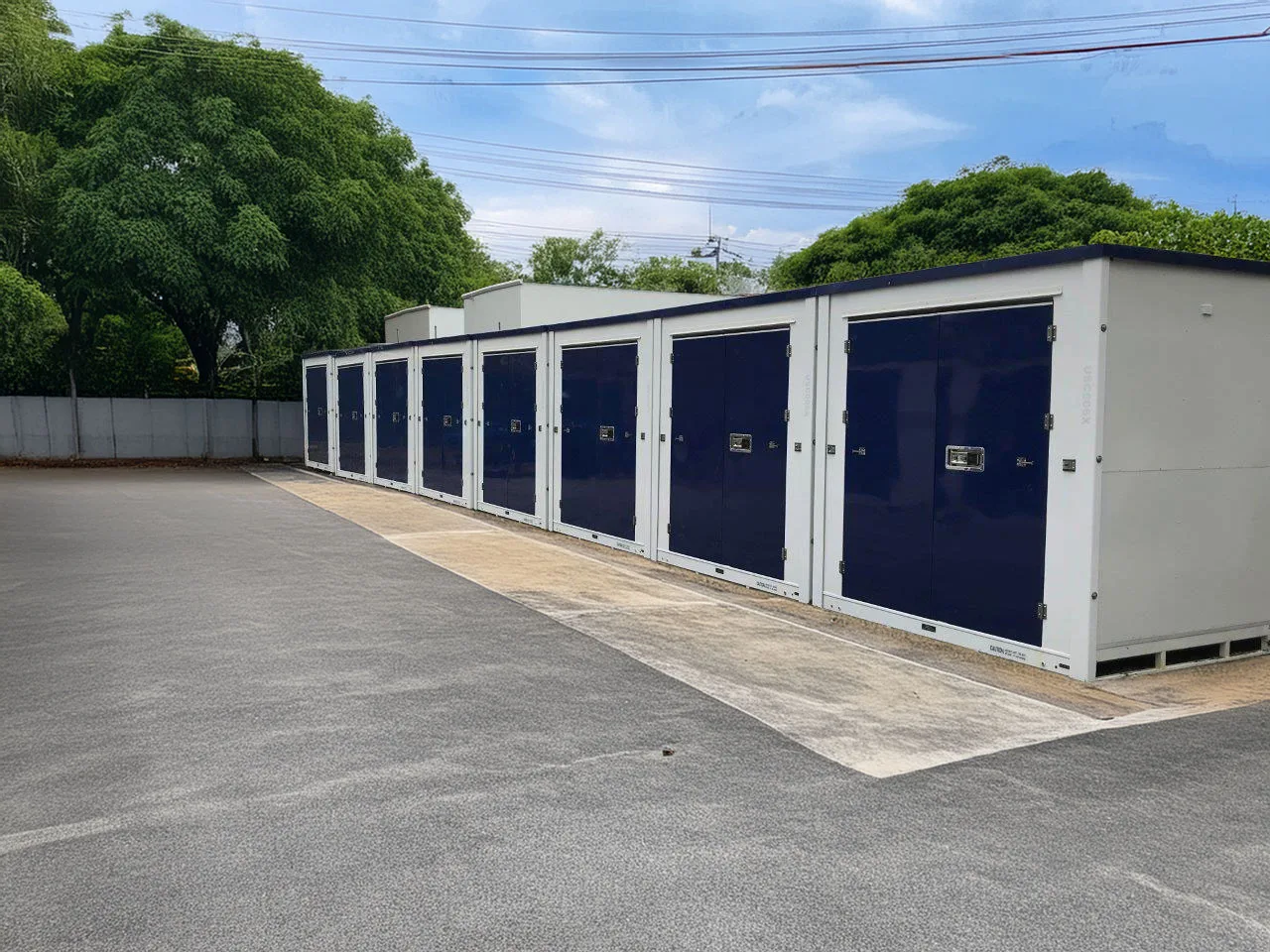 White storage containers with dark blue doors