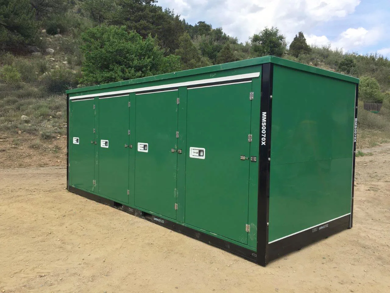 Dark green storage container with multiple doors